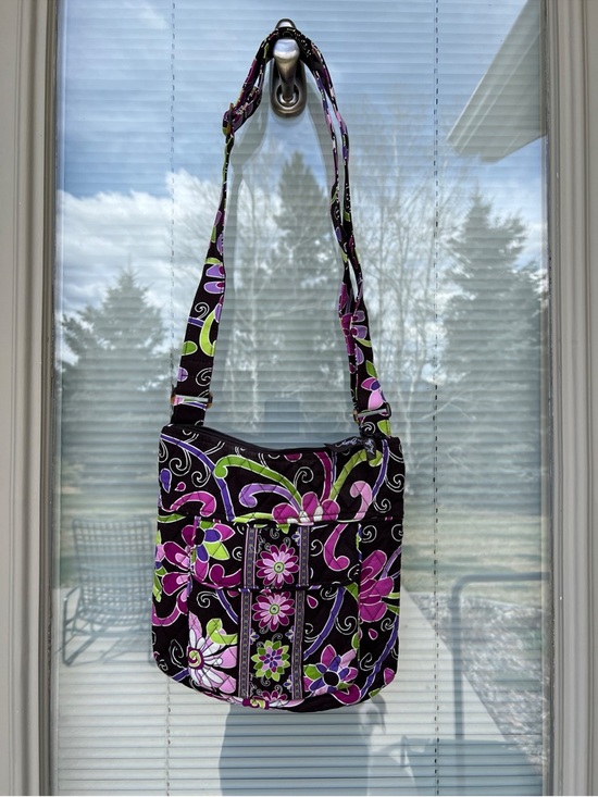 Vera Bradley Handbags - Vera Bradley Dark Brown Crossbody with Purple & Green Floral Pattern.